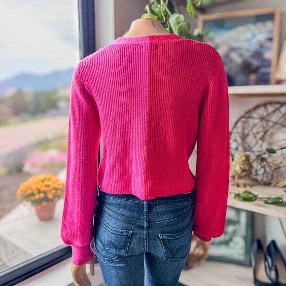 NWT-Miami if Francesca's, Red & Pink ColorBlock Button Up Cropped Cardigan-SZ XS - Picture 6 of 8